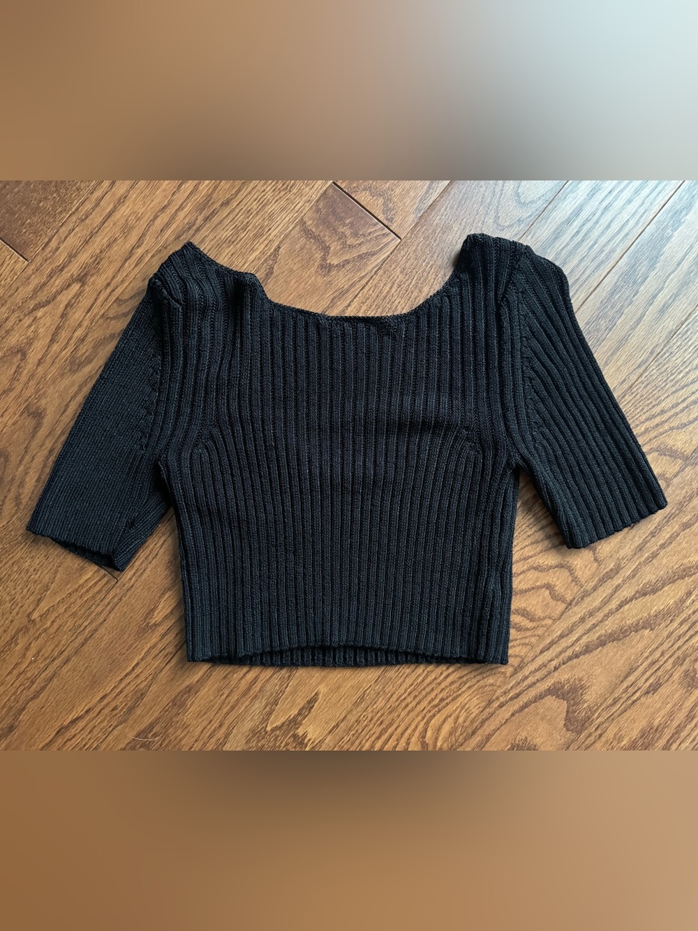 Free People Black Ribbed Off-the-Shoulder Cropped Sweater